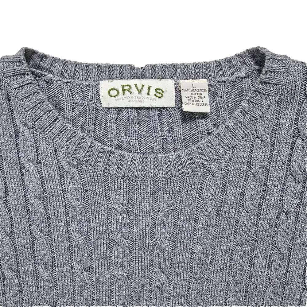 Orvis 100% Cotton Gray Cable Knit Sweater Men's Size Large